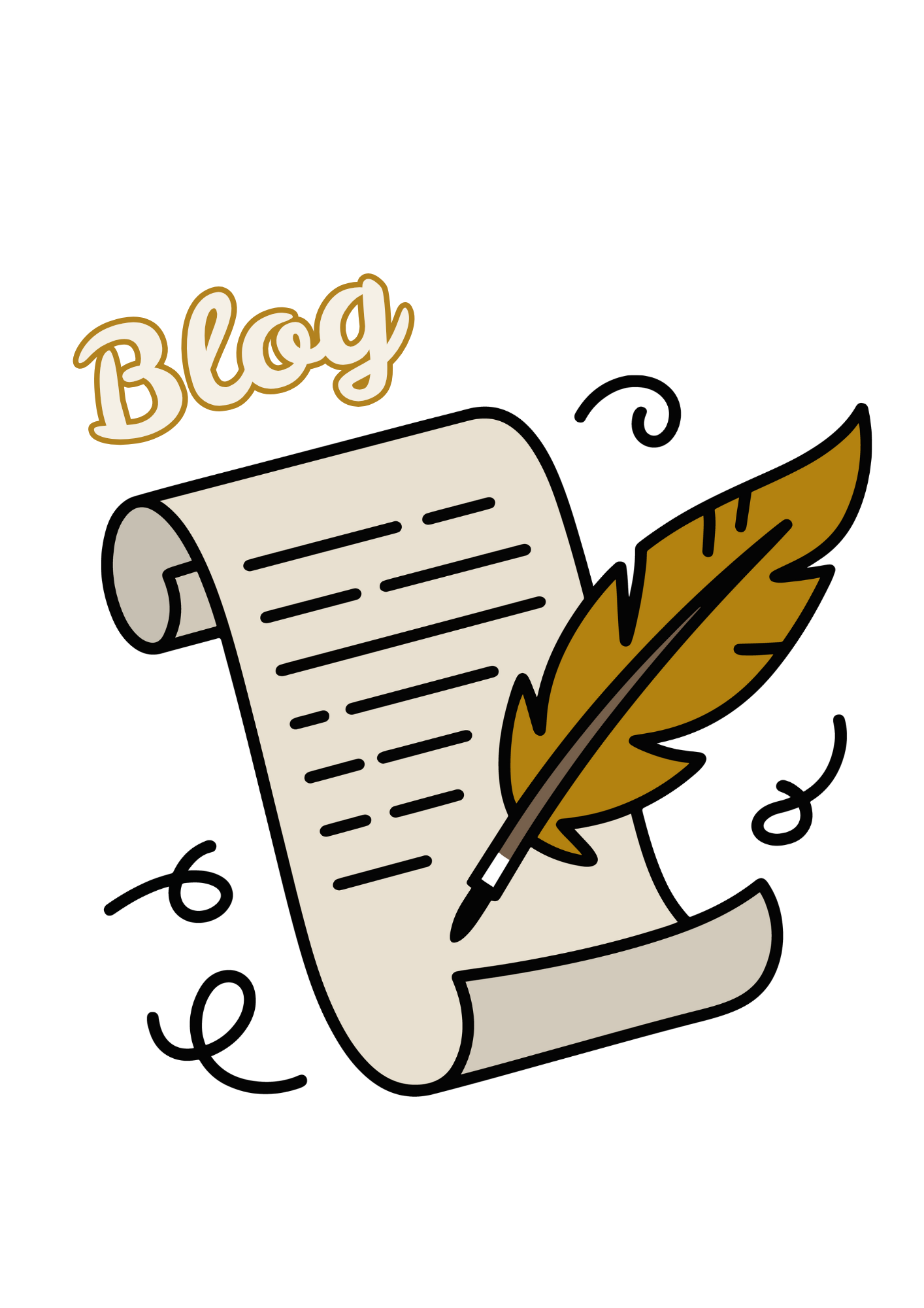 reads ''BLOG''. A scroll of paper, with a feather calligraphy pen for the purpose of showing written word.